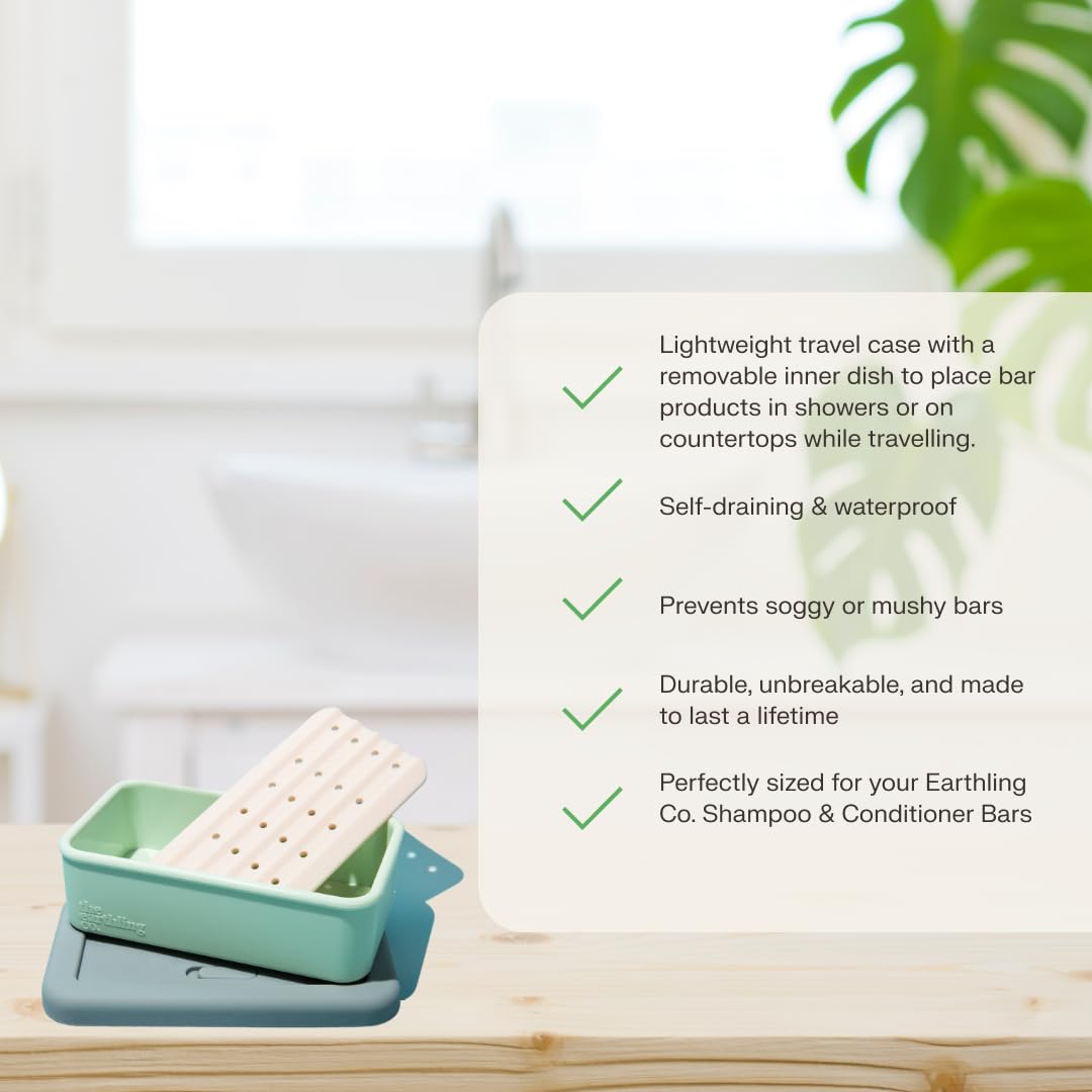 The Earthling Co. Leakproof Soap Case for Travel - Compact Portable Silicone Container with Removable Soap Dish for Drainage, Lightweight Shampoo and Conditioner Bar Holder for Shower Toiletries
