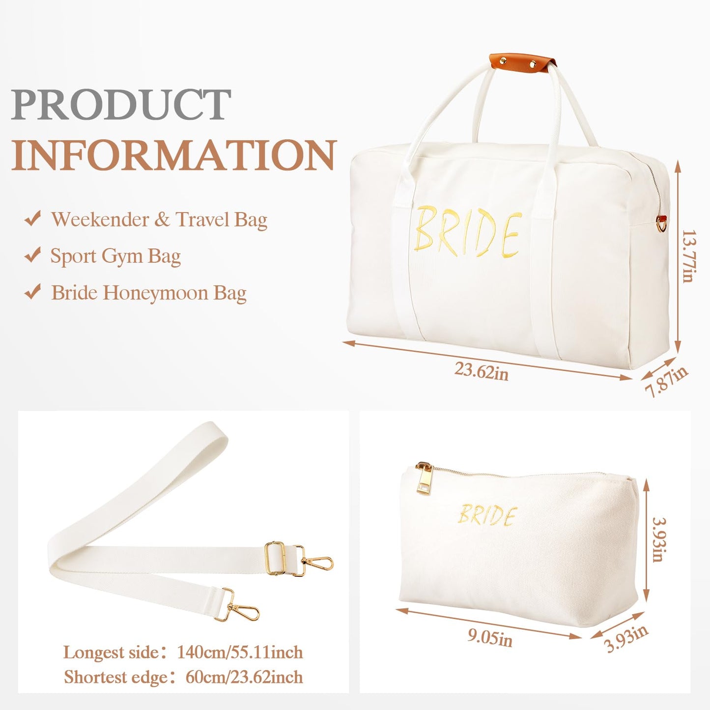 Cosblank 2 Pcs Wedding Weekender Bag for Women Bridal Shower Gifts Bride Travel with Shoe Compartment Shoulder Bride Bag with Chenille Letter Patch Makeup Gift for Wedding Engagement Honeymoon