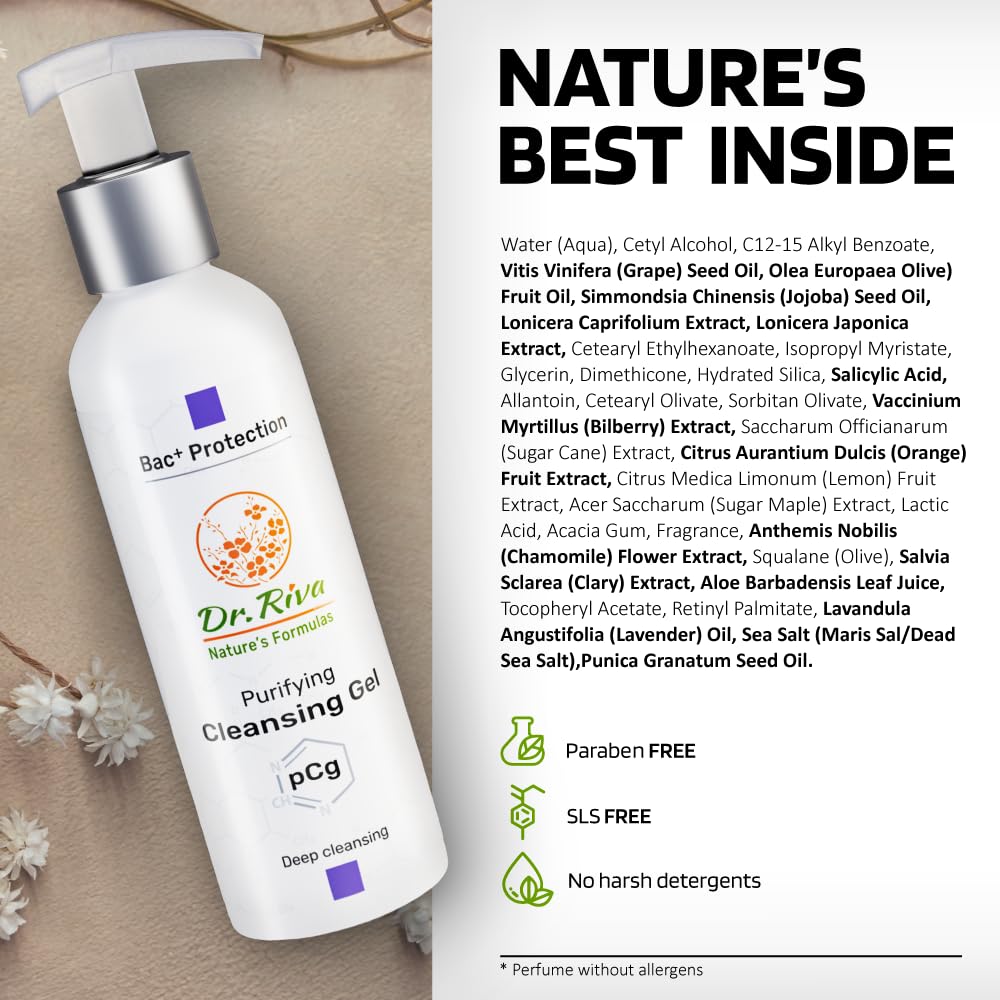 DR. RIVA NATURE'S FORMULAS Purifying Cleansing Gel - Skin Rejuvenating Cleanser Face Wash, Reduces Redness - Deep Face Cleanser, Non Drying Cleanser - Balancing Facial Care for All Skin Types - 150ml