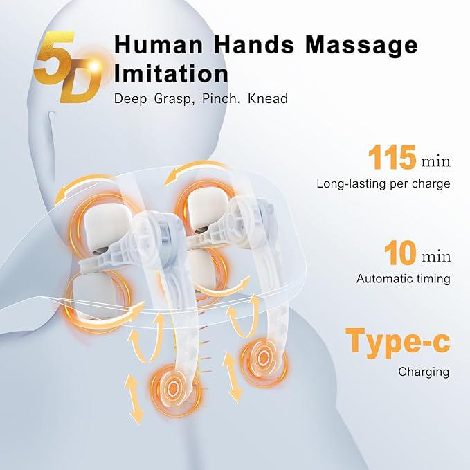 Cordless Shoulder Massager with Heat, Shiatsu Back and Neck Massager, Electric Deep Tissue 5D Kneading Massage Pillow for Shoulder, Leg, Body Muscle Pain Relief, Gifts for Men Women Rechargeable