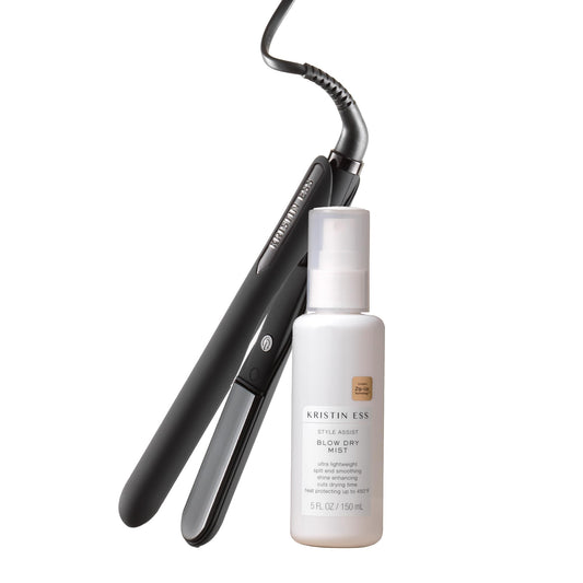 Kristin Ess Flat Iron Straightener + Style Assist Heat Protectant Spray Set - 3/4 Inch Ceramic Mini Straightener for Short Hair - Travel Case - Auto Shut Off