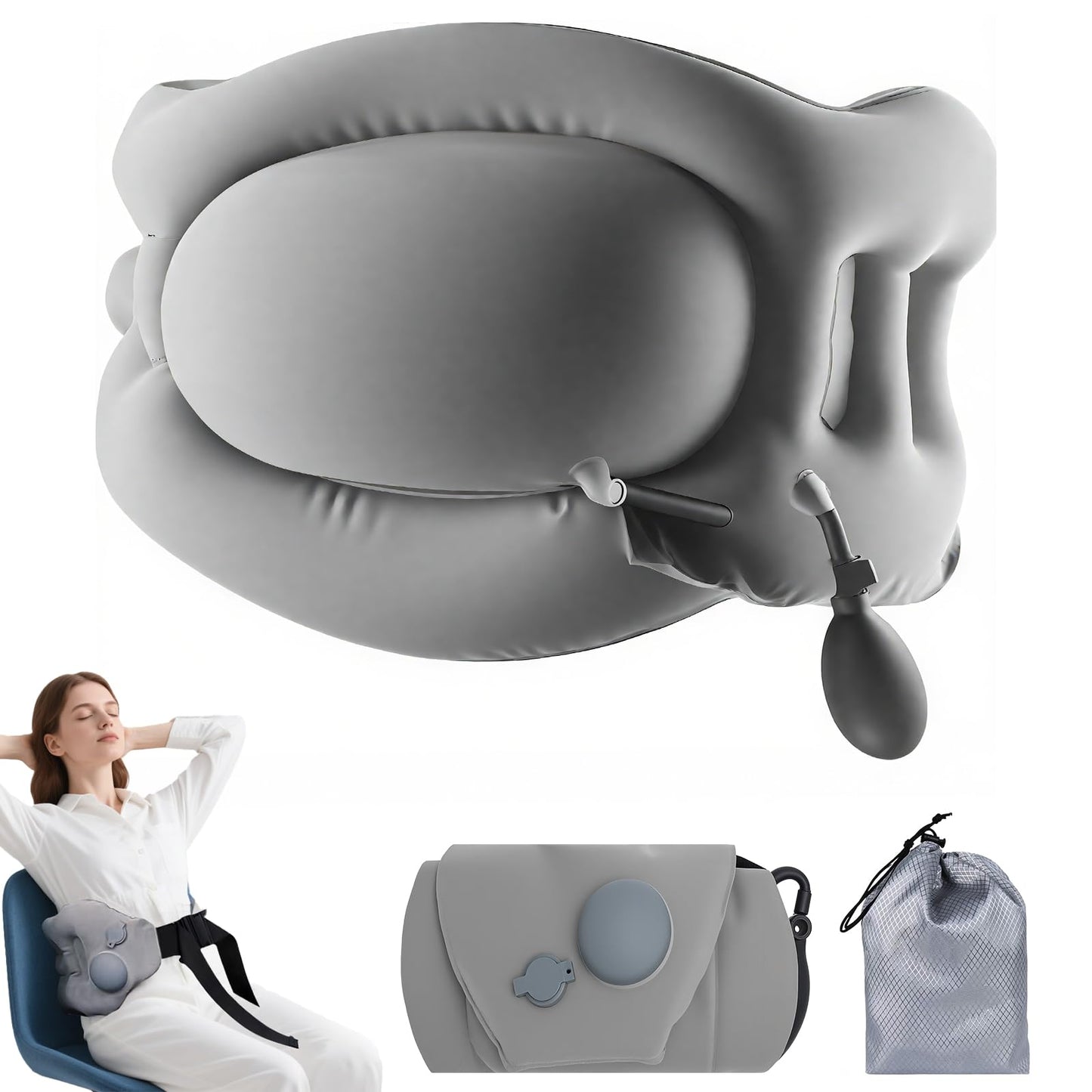 Nufuriri Inflatable Back Support Pillow for Travel – Foldable Travel Back Pillow for Airplane, Office, Car, Home – Adjustable Belt & Hand-Press Inflation, Compact & Lightweight