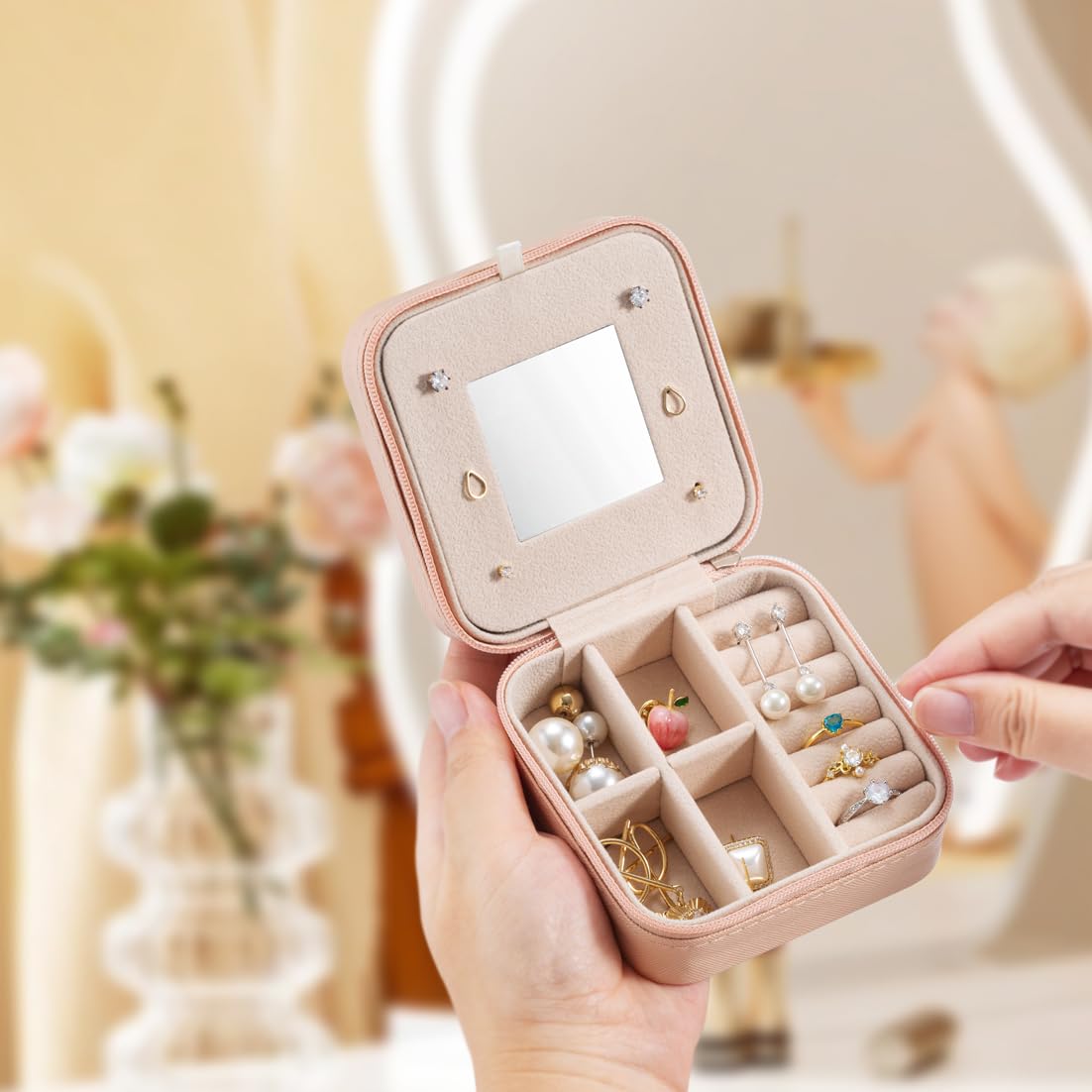 Small Travel Jewelry Case, To Go Portable Jewelry Box, Travel Jewelry Organizer,Portable Jewellery Storage Holder for Rings Earrings Necklace, Gifts for Girls Women with Mirror -Pink