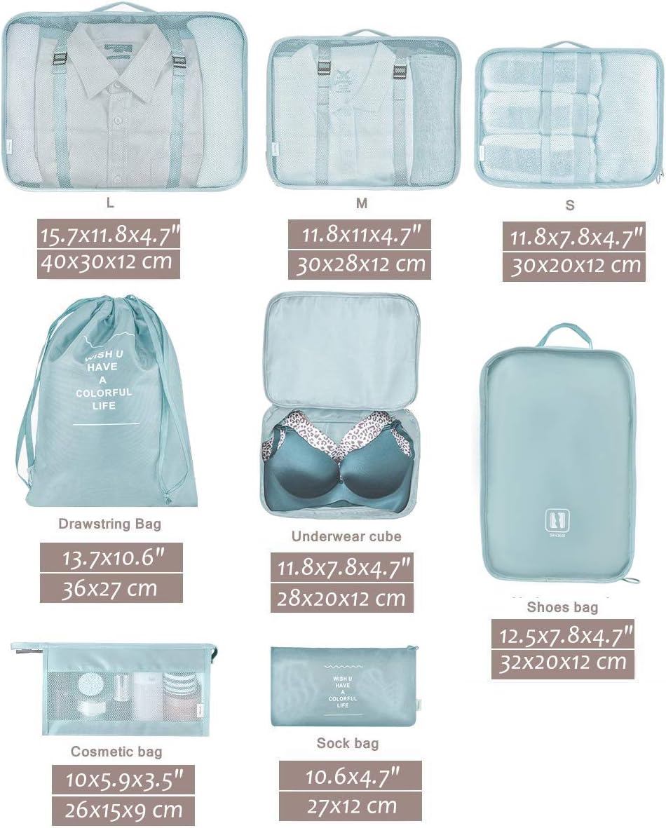 Belsmi 8 Set Packing Cubes with Shoe Bag - Compression Travel Luggage Organizer (Style A - Black)