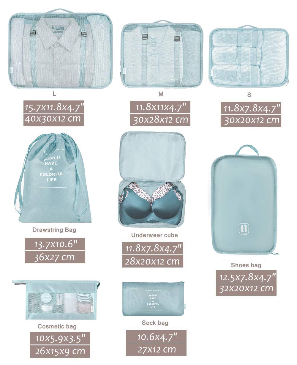 Belsmi 8 Set Packing Cubes with Shoe Bag - Compression Travel Luggage Organizer (Style A - Black)