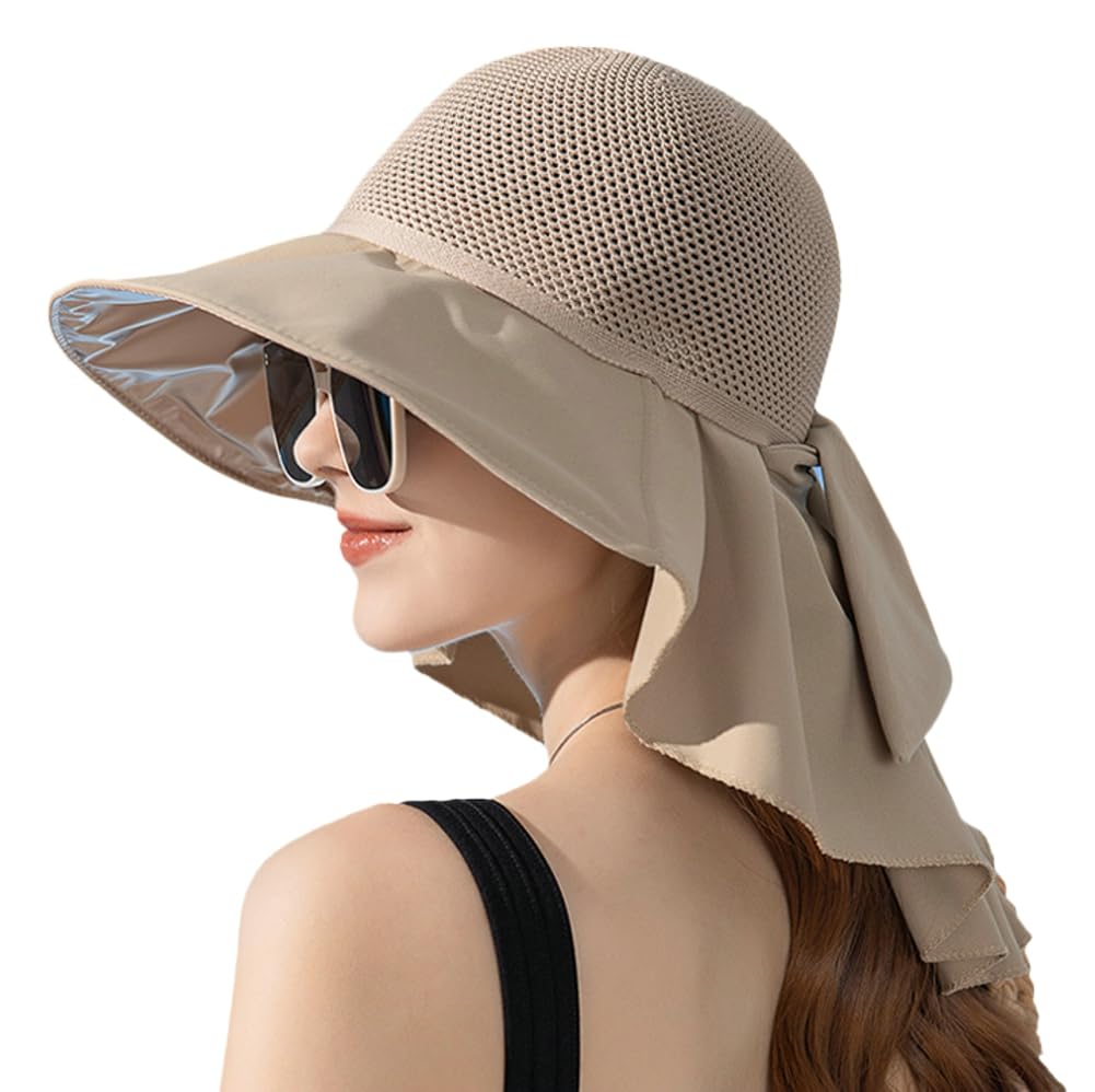 Sun Hat for Women UPF 50+ UV Sun Protection Wide Brim Foldable Summer Beach Bucket Cap with Neck Flap Outdoor Khaki