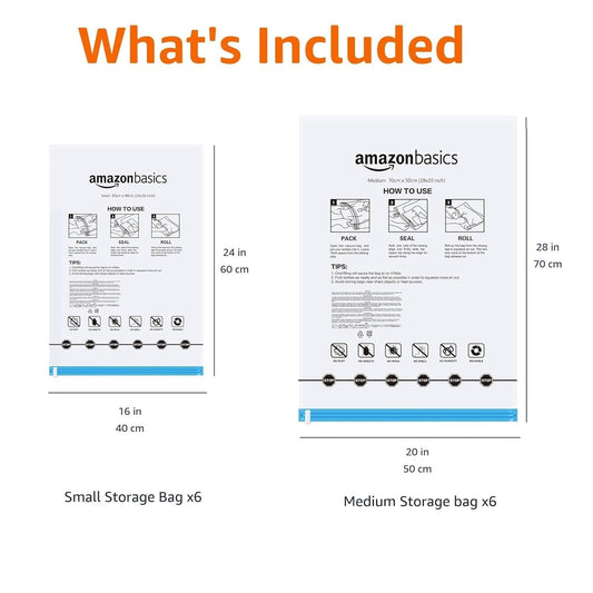 Amazon Basics Roll-Up Travel Zipper Storage Bags, 12 count (6 Small & 6 Medium), Multiple, Clear