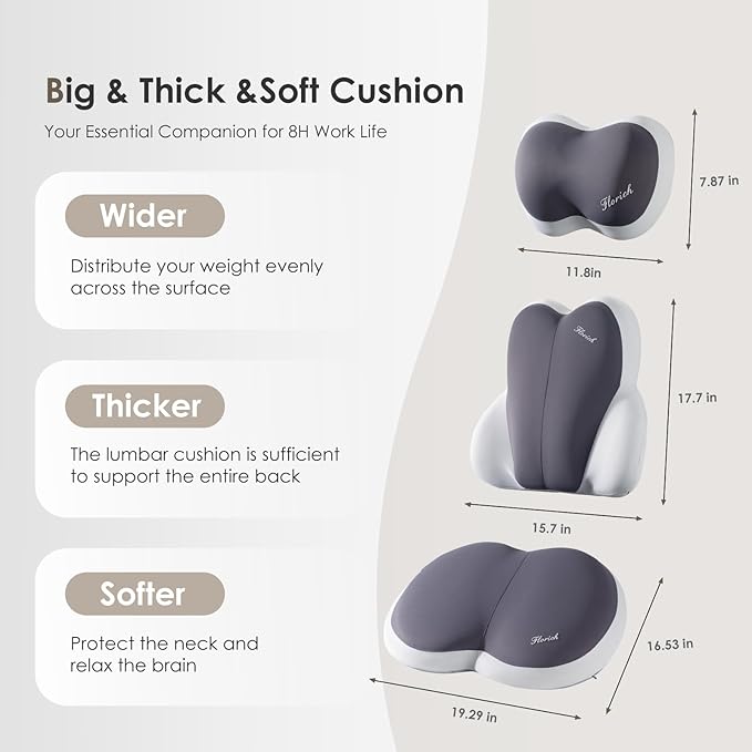 FLORICH 3 PCS Seat Cushion for Carseat Lumbar Support Pillow Car Neck Headrest Pillows Ultrathick Memory Foam Seat Pads Pressure Relief Back Cushion for Office Chair(Grey)