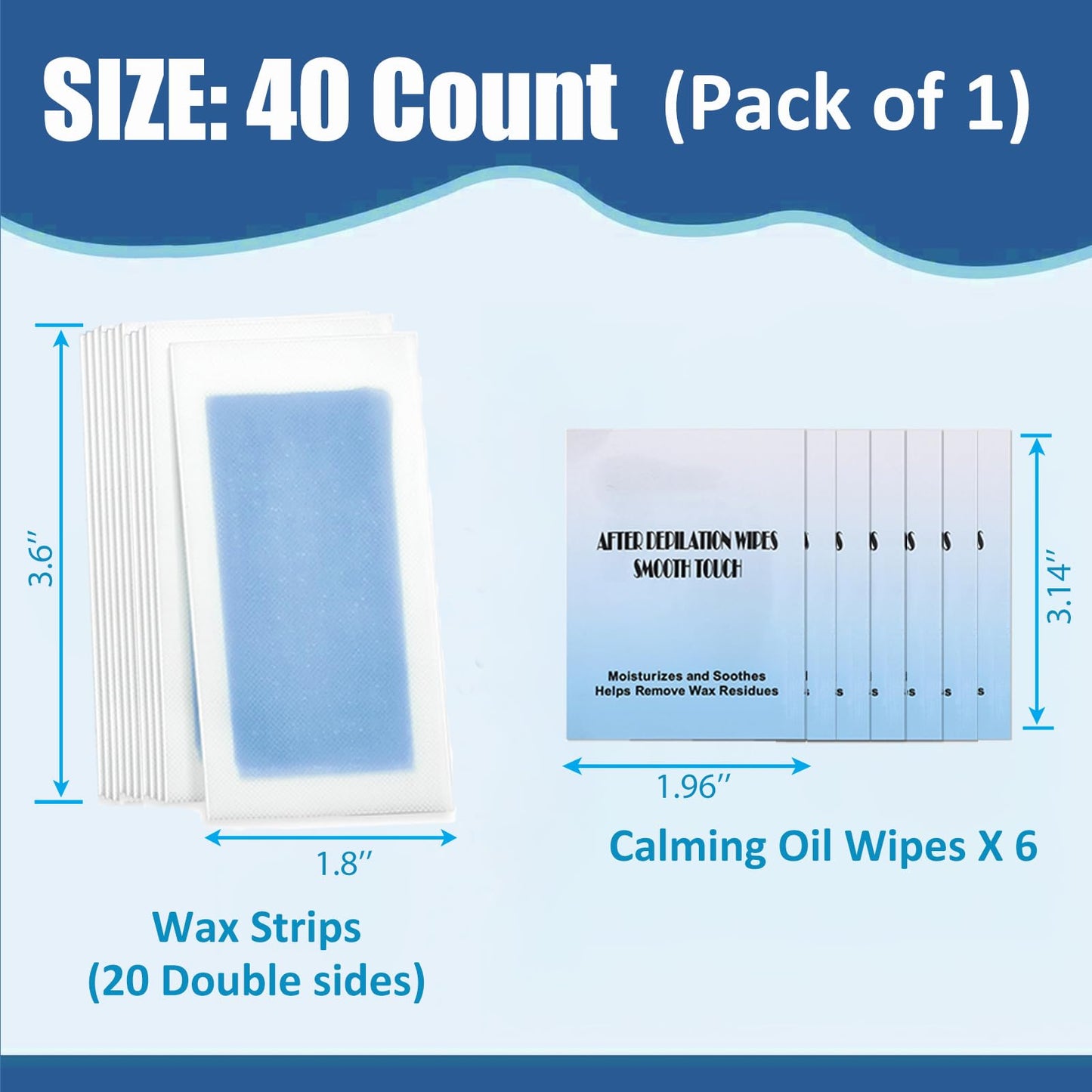 Wax Strips for Hair Removal,Waxing Strips,40 Face Wax Strips & 6 Calming Oil Wipes,Waxing Kit for Women,Facial Hair Removal for Women Face,Arms,Legs,Eyebrow,Upper Lip,Blue,40 Count (Pack of 1)