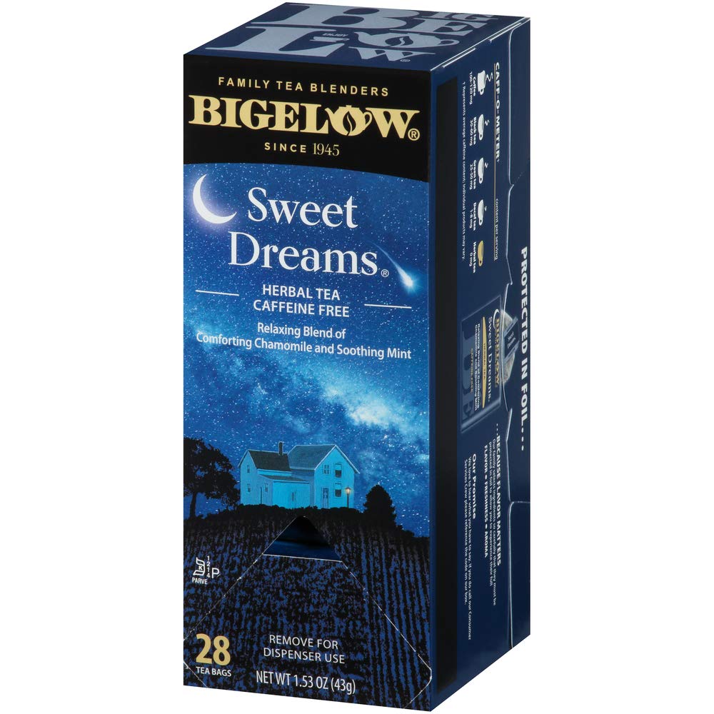 Bigelow Sweet Dreams Herbal Tea 28-Count Box (Pack of 1) Relaxing Blend of Chamomile & Mint Caffeine-Free Nighttime Herbal Tea in Individual Foil-Wrapped Bags