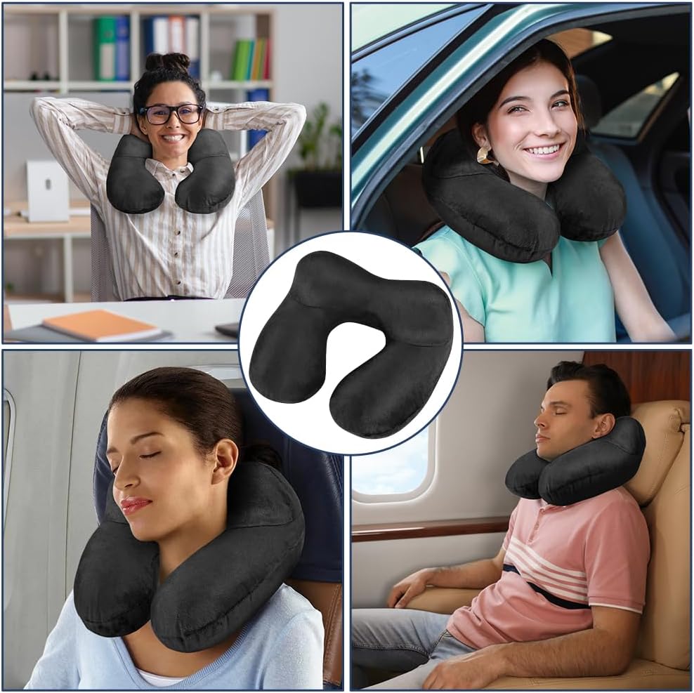 flintronic Inflatable Travel Pillow, Inflatable Travel Pillow for Airplane, Soft Velvet Neck Support, Lightweight Ergonomic Sleeping Neck Pillow for Airplane, Train, Car, Office (Black)