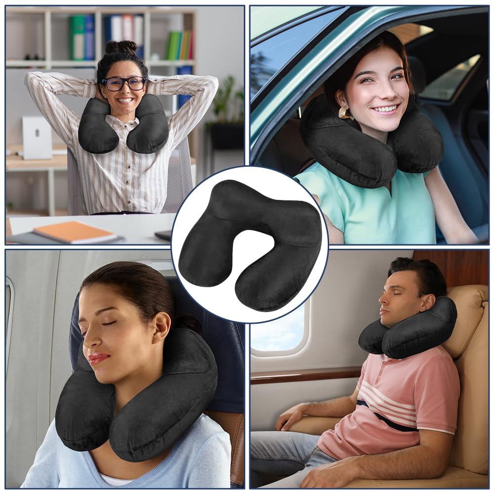 flintronic Inflatable Travel Pillow, Inflatable Travel Pillow for Airplane, Soft Velvet Neck Support, Lightweight Ergonomic Sleeping Neck Pillow for Airplane, Train, Car, Office (Black)