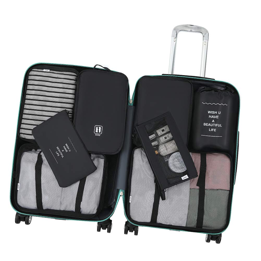 Belsmi 8 Set Packing Cubes with Shoe Bag - Compression Travel Luggage Organizer (Style A - Black)