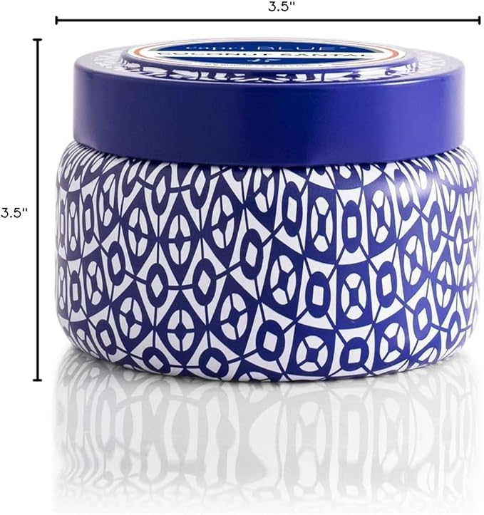Capri Blue Printed Travel Tin Jar Candle - Luxury Candle with a Soy Wax Blend - Blue Candle with Lid - Scented Candles for Home with Notes of Hibiscus, Lime, Coconut & Amber (Coconut Santal, 8.5 oz)