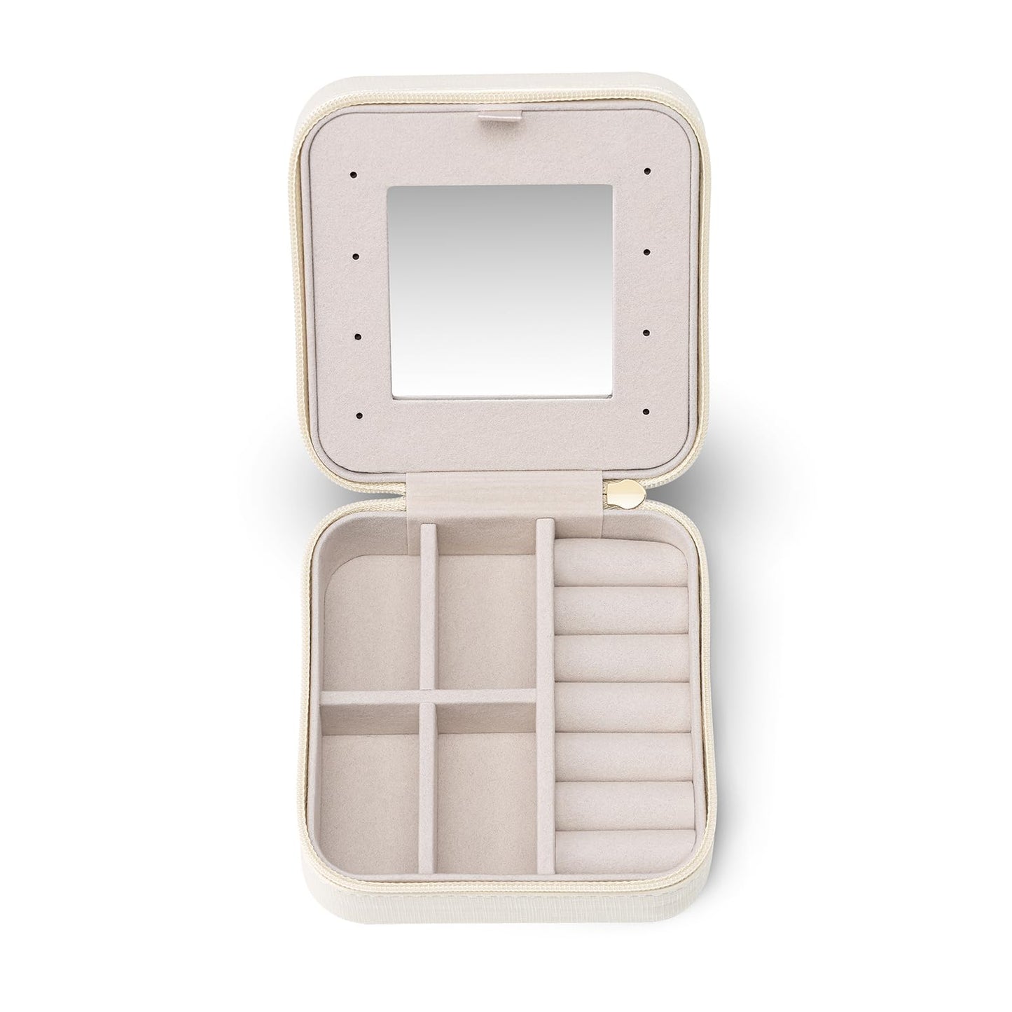 Vlando Small Travel Jewelry Box Organizer - Mirrored Carry-on Jewelries Necklaces Rings Earrings Necklace Storage Case, Beige