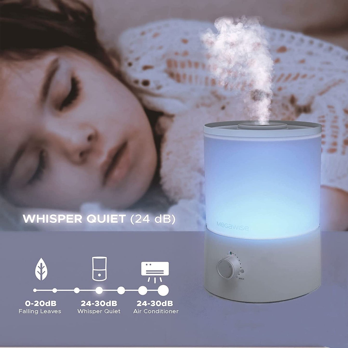 MEGAWISE 3.5L Cool Mist Humidifier with Top Refill, Large Capacity of 3.5L, Easy Safe and Convenient for Home + 7 Night light Colors