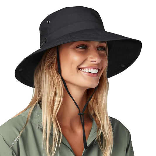 FURTALK Sun Hats for Women Ponytail UPF 50+ Beach Summer Hat Wide Brim Packable Cowboy Hat Pure Black