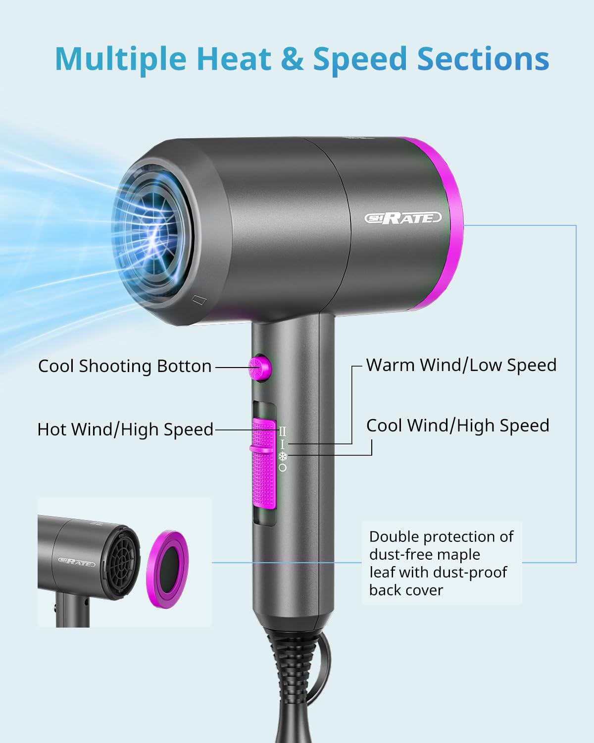SHRATE Lightweight Ionic Hair Dryer with Diffuser - Powerful 1800W Blow Dryer for Fast Drying - Professional Low Noise Mini Hair Dryer for Travel, Gifts, Hair Styling