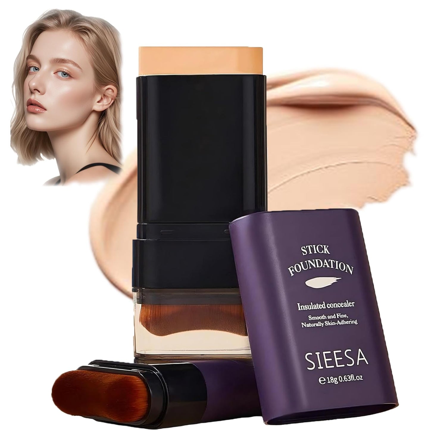 Korean Dual Ended Foundation Stick with Brush, 2 in 1 Concealer Foundation Stick & Contour Makeup, Hydrating Formula - Lightweight, Waterproof, Covers Blemishes (Natural)