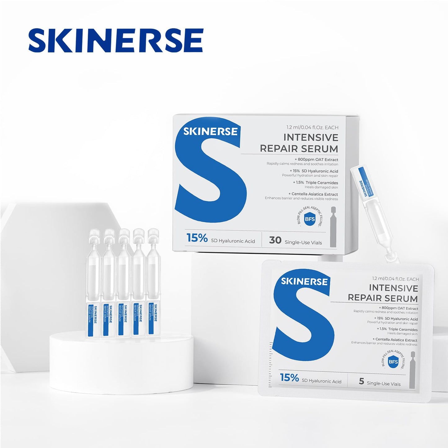 SKINERSE Intensive Repair Serum, 15%Hyaluronic Acid for Sensitive Skin Anti Aging Ultra Hydrating Serum for Face Calming Barrier Repair Redness Relief with Ceramides Centella 30Vials Daily Travel Care