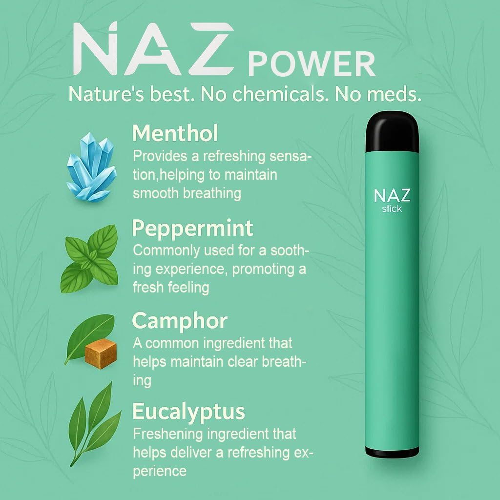 Naz Electric Nasal Stick - Portable Essential Oil Vaporizer for Aromatherapy, Cool & Refreshing, Simple Ingredients | Non-Medicated Menthol Inhaler 3-Pack