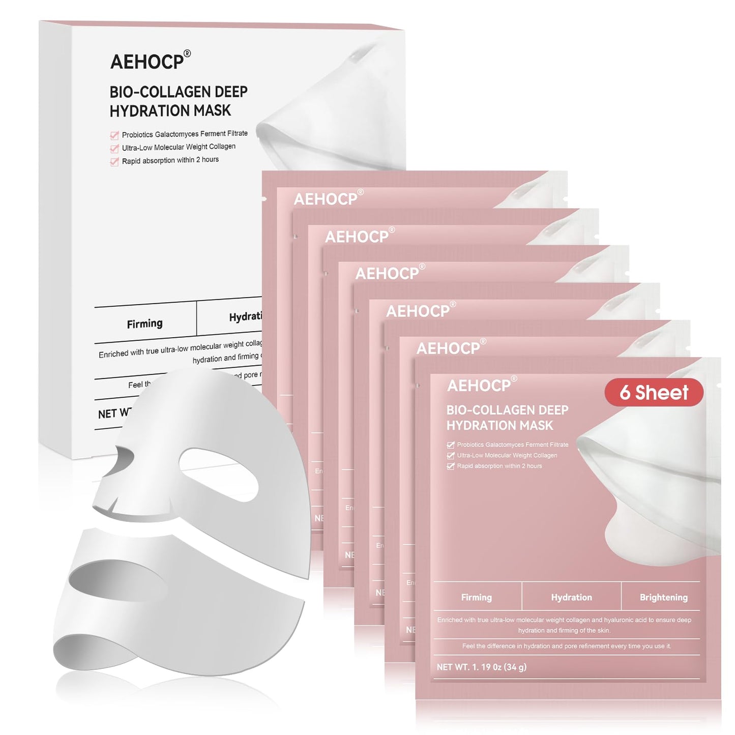 Aehocp Bio-Collagen Face Mask - Korean Skincare, Women's Facial Treatments & Masks, Deep Hydrating Overnight Mask, Firming & Moisturizing, 6-Pack