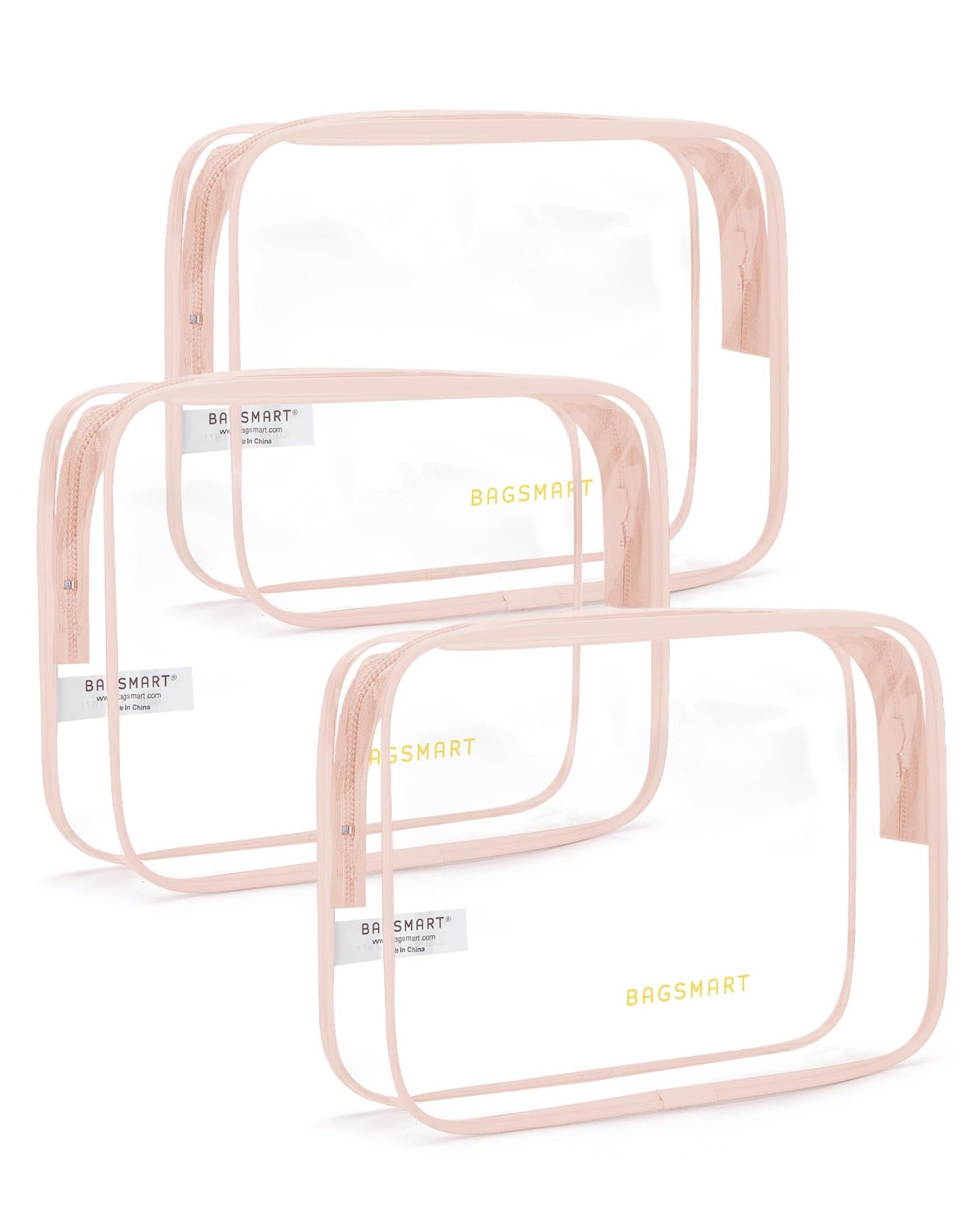 BAGSMART Clear Toiletry Bag, 3 Pack TSA Approved Travel Toiletry bag Carry on Travel Accessories Bag Airport Airline Quart Size Bags Water Repellent Makeup Cosmetic Bag for Women (Nude Pink-3pcs)