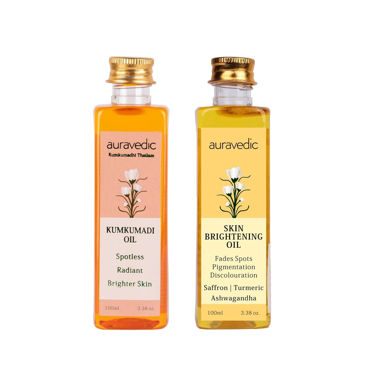 Auravedic Kumkumadi Oil & Skin Oil Combo | Saffron, Turmeric and Winter Cherry Infused Face Moisturizer | Hydrating & Moisturizing | for All Skin Types | 3.38Fl Oz (100ml)