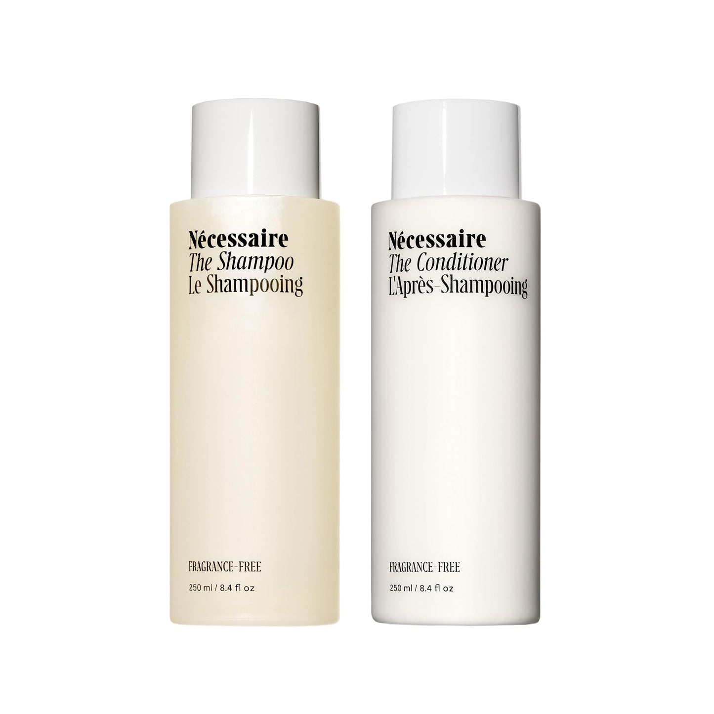 Nécessaire The Hair Duo - Shampoo and Conditioner Set 2 x Full-Size. The Shampoo + The Conditioner. Hyaluronic Acid + Vitamin B Complex. Fragrance-Free. Approved by the National Eczema Association.
