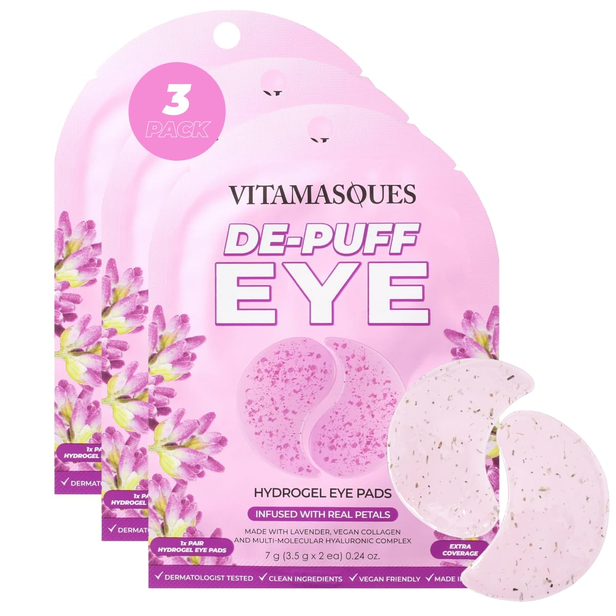 Vitamasques De-Puff Hydrogel Eye Pads with Lavender & Vegan Collagen, Under Eye Mask, Birthday Gifts For Women, Reduce Dark Circles, Puffy Eyes, Undereye Bags, Wrinkles - Under Eye Patches (Pack of 3)