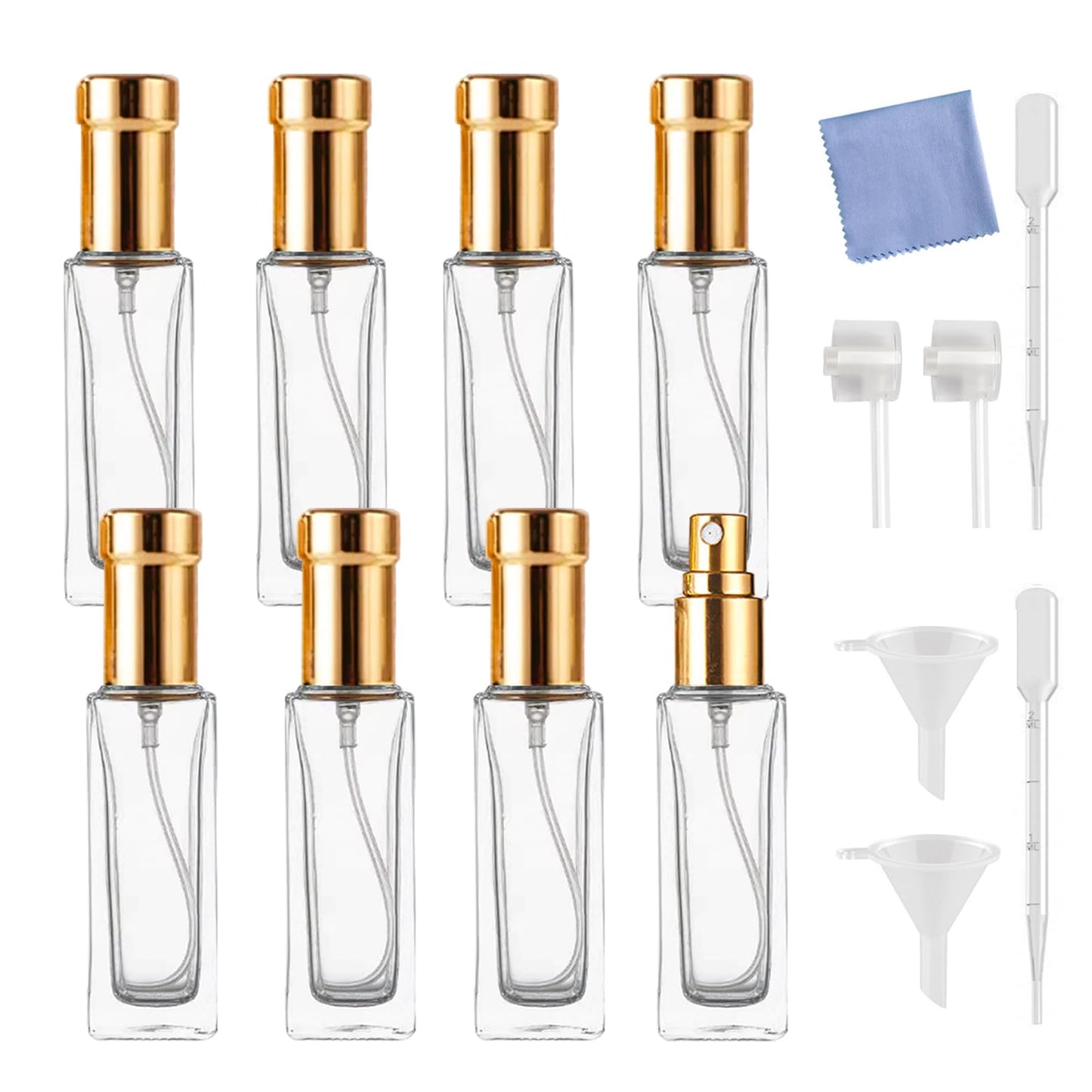 AGENIZ 8PCS 10ml Perfume Spray Bottle, Mini Portable Travel Glass Square Spray Bottle, Small Fine Mist Sprayer, Refillable Atomizer, Sample Spray Bottle (Gold, 10ml)