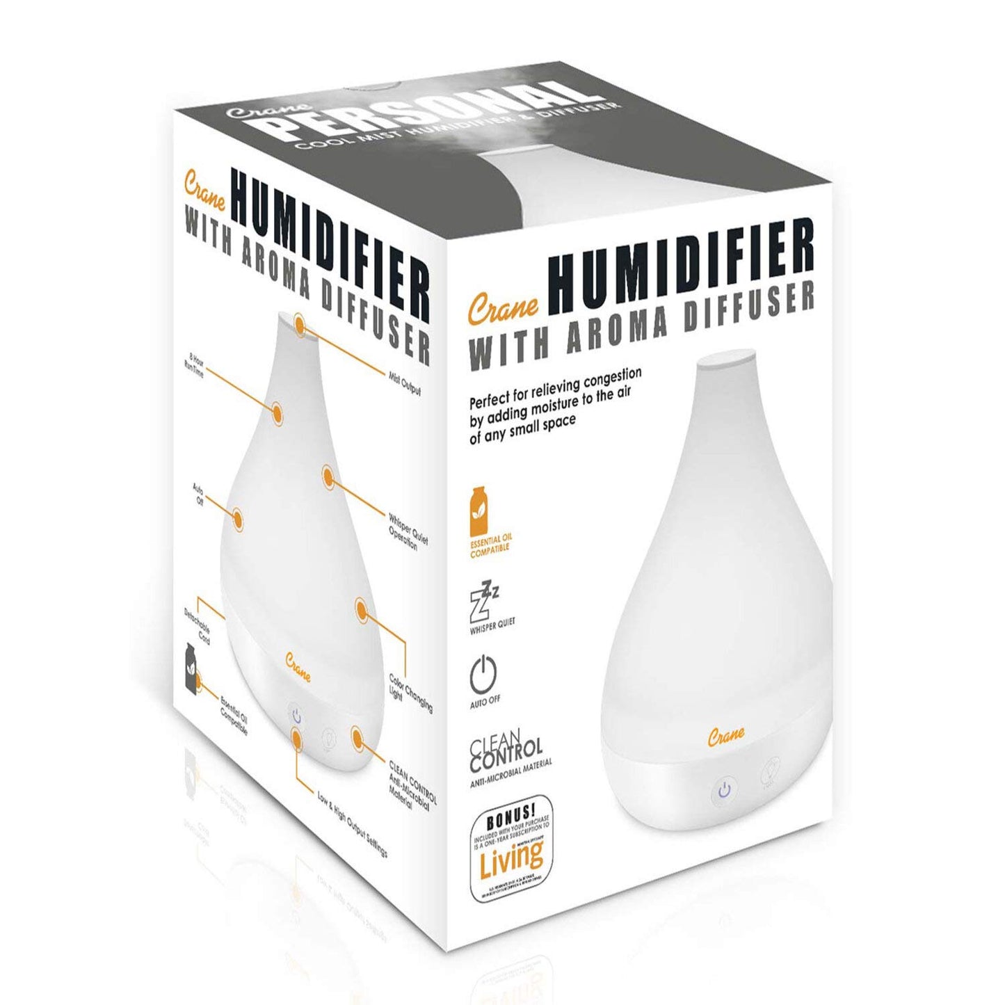 Crane Small Ultrasonic Diffuser and Air Humidifiers for Bedroom and Office, .35 Gallon Cool Mist Humidifier for Personal Use, No Humidifier Filters Needed, White