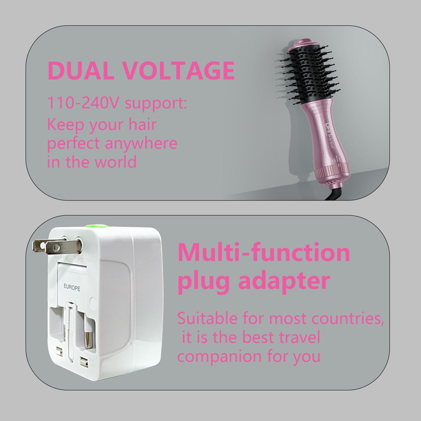 DAN Dual Voltage Hair Dryer Brush,2 inch Blow Dryer Brush,110V-120V/220V-240V Automatic Dual Voltage,smallBrush Hair dryers with Multifunctional Conversion Plug,for European and Travel Use