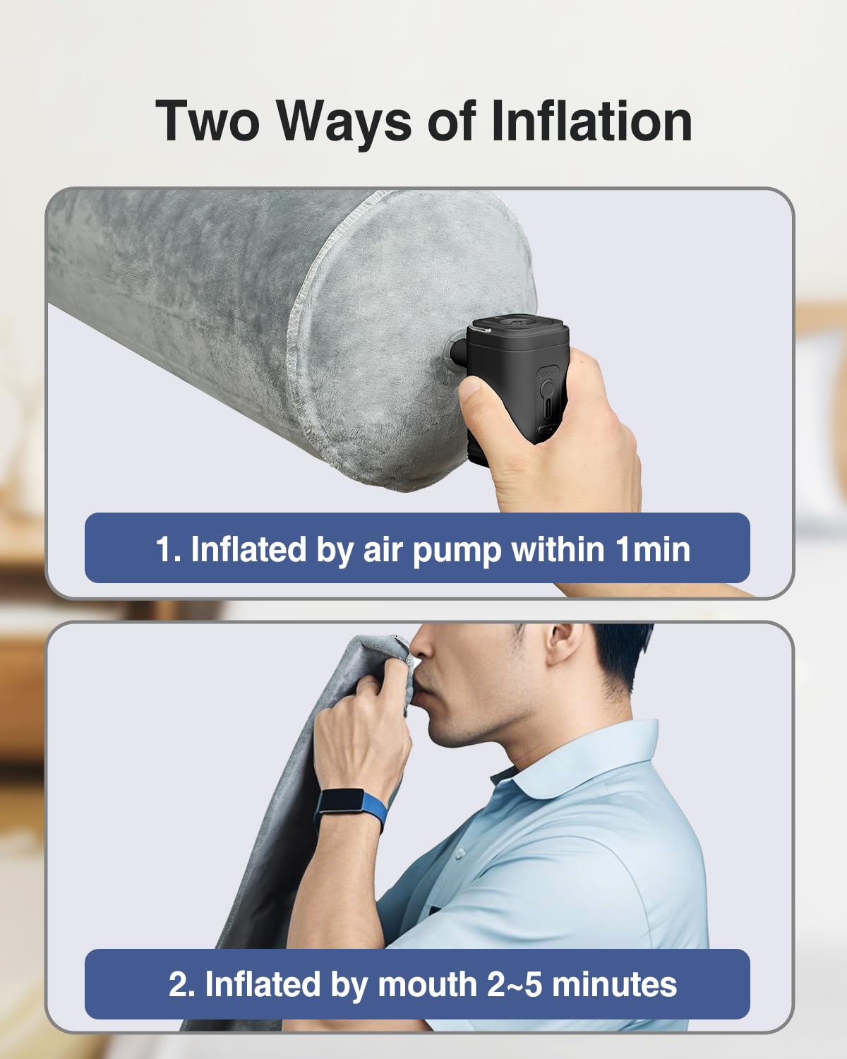 Luxtude Inflatable Body Pillow for Adults Kids, Travel Body Pillows for Side Sleeper, 47Inch Long Round Bolster Pillow for Camping, Round Cylinder Pillows for Hugging Sleeping, Back, Leg etc.