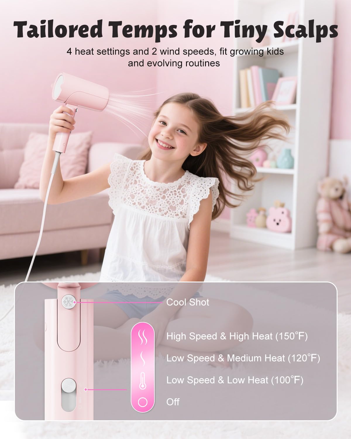 FeeKaa Foldable High Speed Kids Hair Dryer 100 Million Negative Ions, Mini Ionic Travel Kids Blow Dryer with Diffuser Concentrator Detangler Brush Hair Ties Cute Stickers, Compact, Lightweight, Quiet