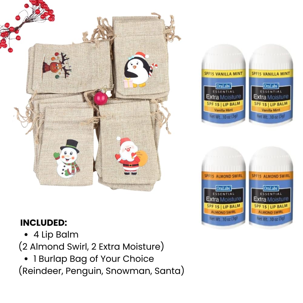 SPF Mini Lip Balm Holiday Stocking Stuffer – 4 Pack (Vanilla Mint & Almond Swirl) – Choose 1 Small Gift Bag Design: Santa, Reindeer, Snowman, or Penguin (Santa)