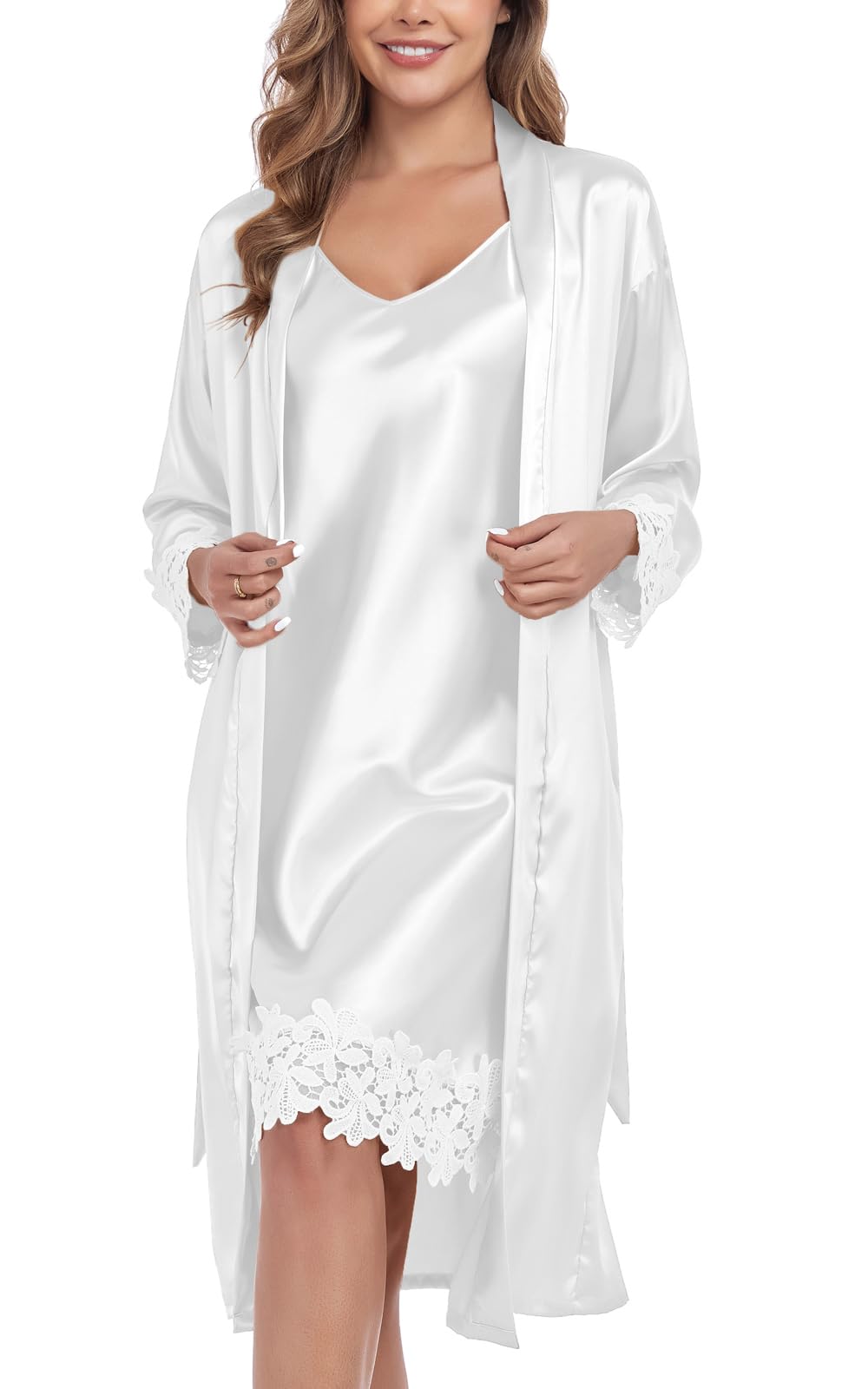 BestWendding Women's Silk Robe Set 2 Pieces Pajamas Sets Sexy Soft Satin Robe with V Neck Camisole Lingerie Nightgown, White1 L