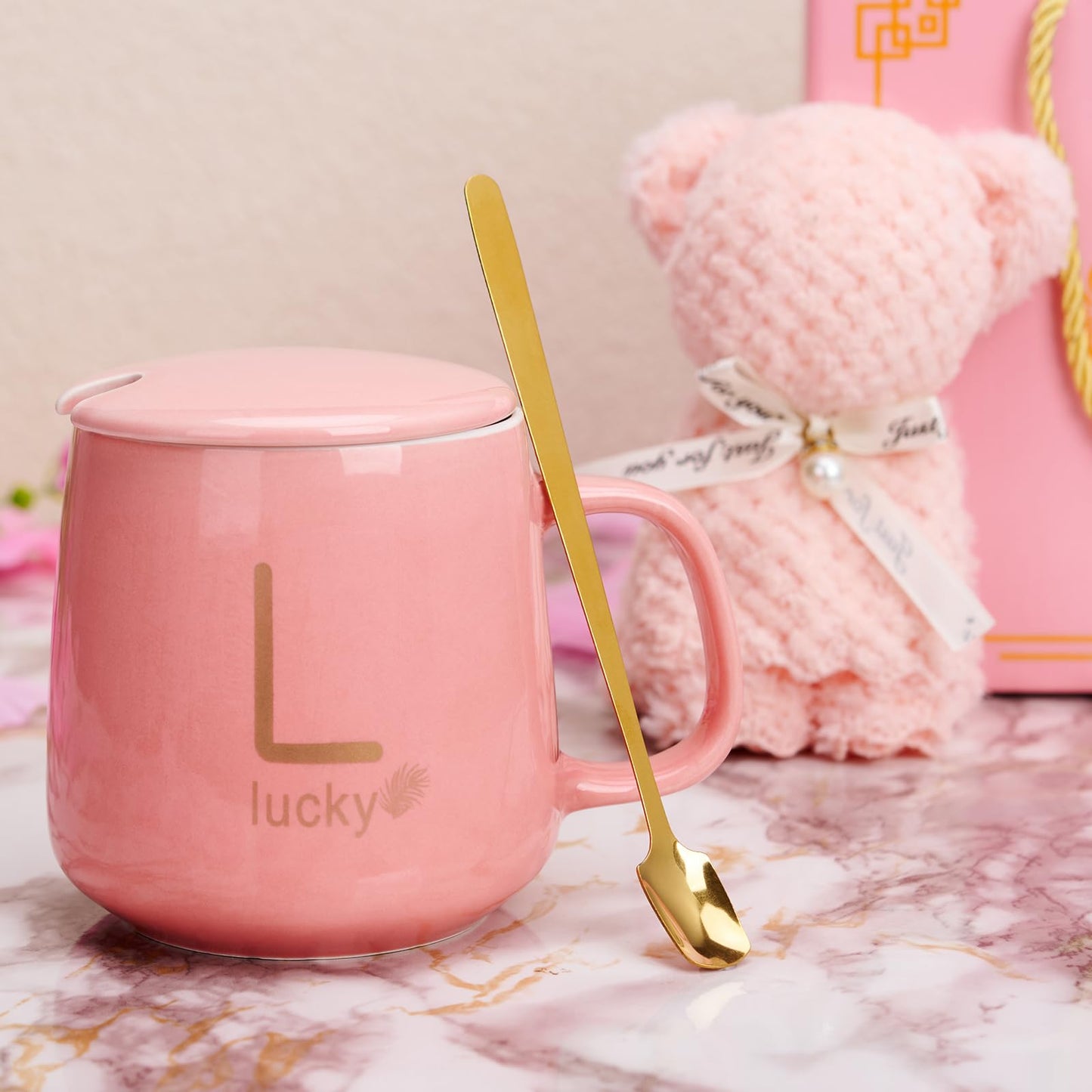 ISHINE Ceramic Coffee Mug and Bear Gift Set, 11oz Bride Newlywed Anniversary Honeymoon Wedding Christmas Birthday Gifts for Best Friend Sister (Pink)