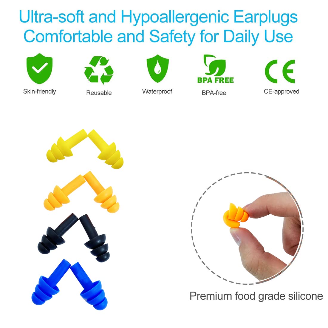 Ear Plugs for Sleeping,16 Pairs Noise Canceling Soft Reusable Silicone Earplugs Waterproof Noise Reduction Earplugs for Concert,Swimming,Study,Loud Noise,Snoring