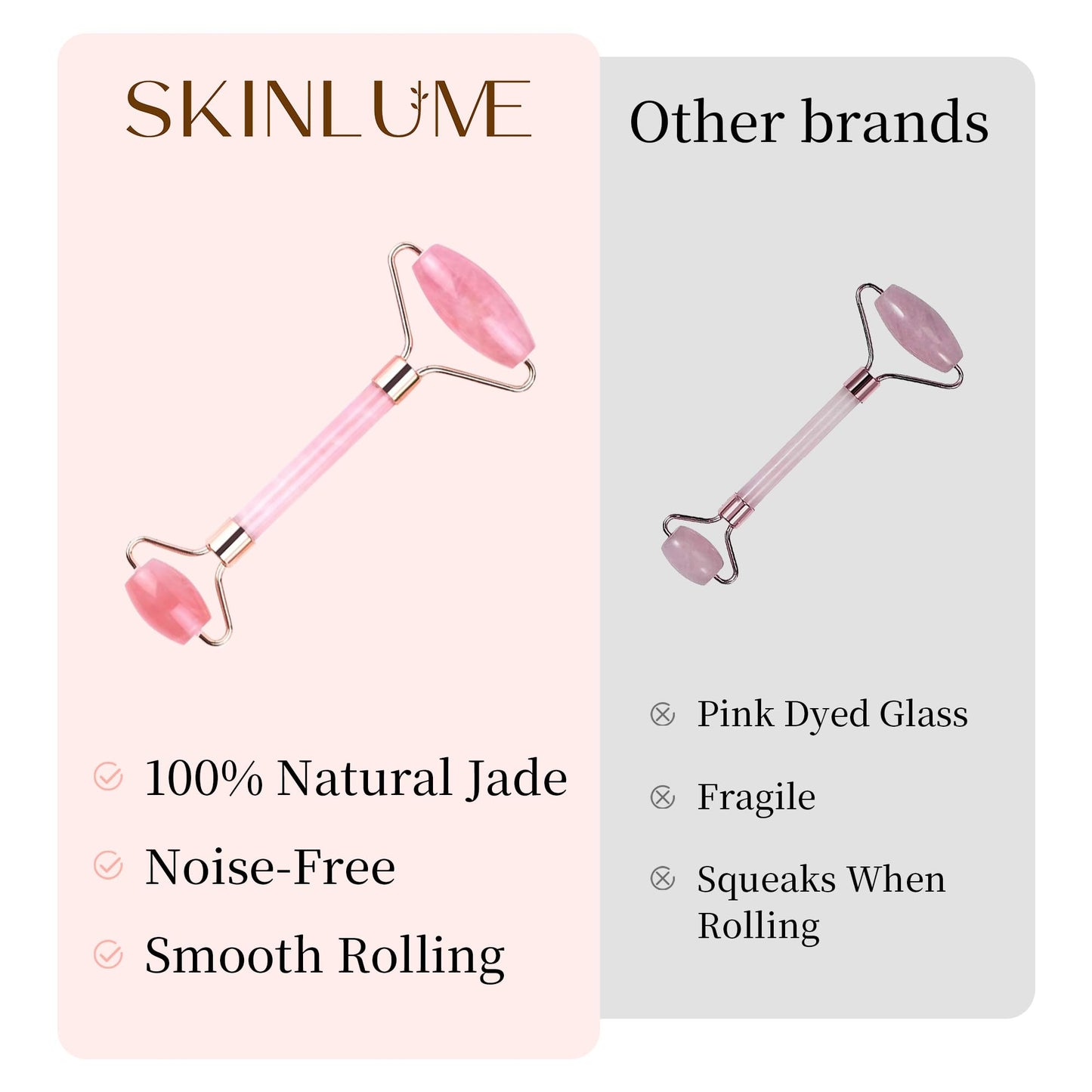 SkinLume Jade Roller Gua Sha Facial Tool - for Face Neck Eye Jawline, Reduce Puffiness and Tension, Gift Set for Men Woman 100% Natural Jade Stone (Pink)