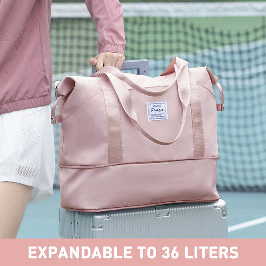 Foldie Large Travel Tote Bag, Waterproof Expandable Personal Item Duffel Gym Bag,Weekender Carry On Overnight Bags for Women Airplanes with Trolley Sleeve Wet Pocket,travel duffel bags,Pink