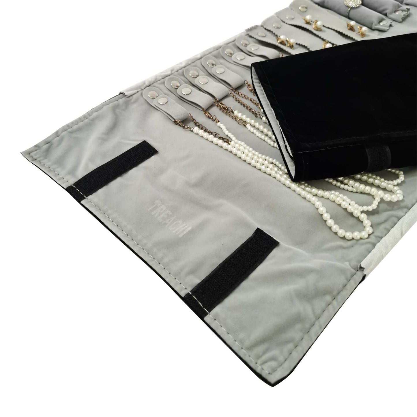 SCIKHEFT Travel Roll Bag Jewelry Display Storage Organizer Multi-function Velvet Pouch (Black and grey)