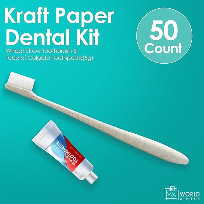 Kraft Paper Dental Kit - Wheat Straw Toothbrush and Toothpaste Dental Care Kit (50)