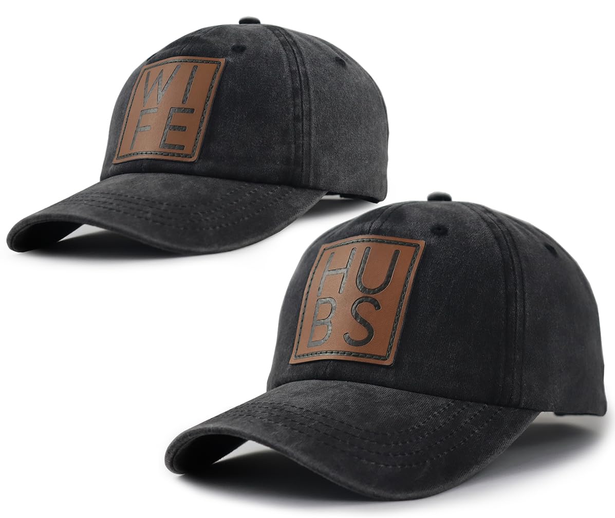 Mr and Mrs Gifts, Hubby Gifts for Men, Wifey Hat for Women, 2 PCS Honeymoon Hats, Just Married Gifts for Husband Wife Bride Groom, Adjustable Cotton Couple Baseball Cap Black