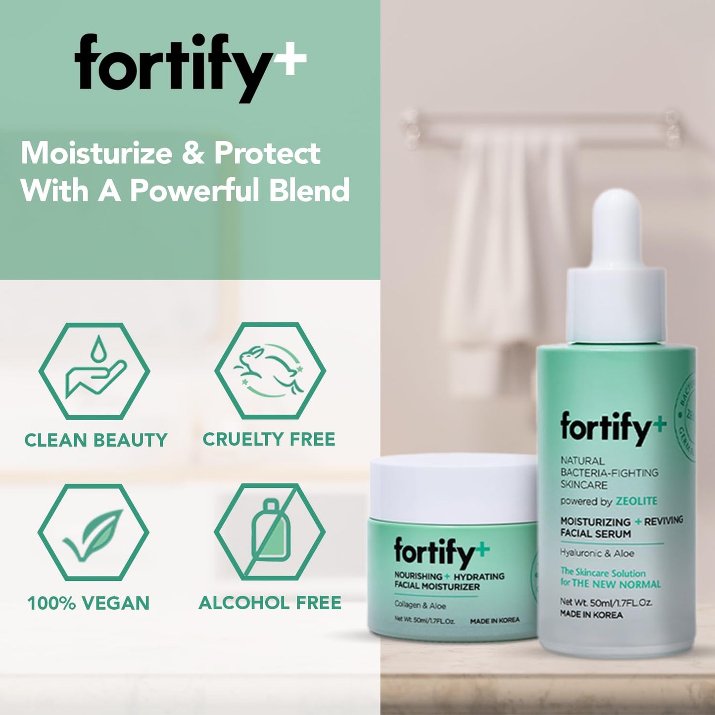 Fortify Skincare 9-in-1 Ultimate Hydration Facial Set - Nourishing Moisturizer & Serum Duo, Dermatologist Tested - Hydrates & Protects Skin Barrier, Clean Beauty, Made in Korea - 2 x 50ML/1.7Fl Oz