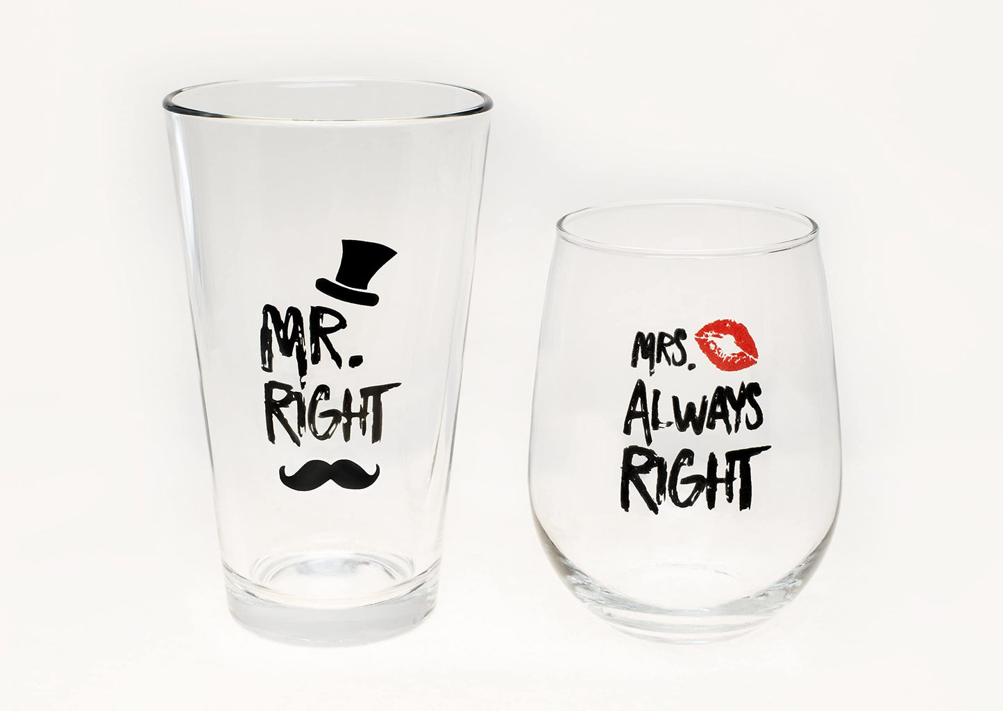 Funny Mr. Right and Mrs. Always Right Novelty Wine Glass and Beer Glass | Includes Fun, Stylish Gift Box | For Weddings, Engagement, Newlywed, Bachelorette, Anniversary, Couples Gifts