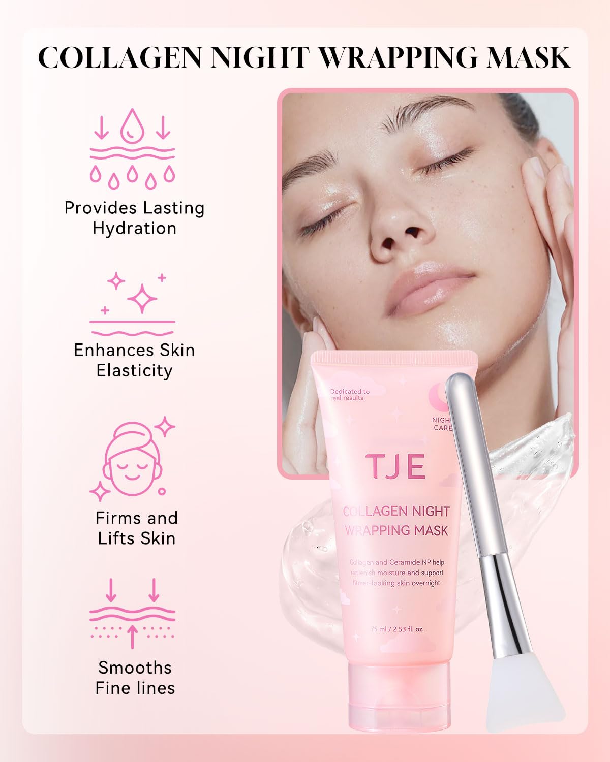 TJE Collagen Night Wrapping Mask, Collagen Peel Off Face Mask with Nicotinamide, Elasticity & Hydration Care, Reduces Sagging & Dullness - 2.53 fl oz