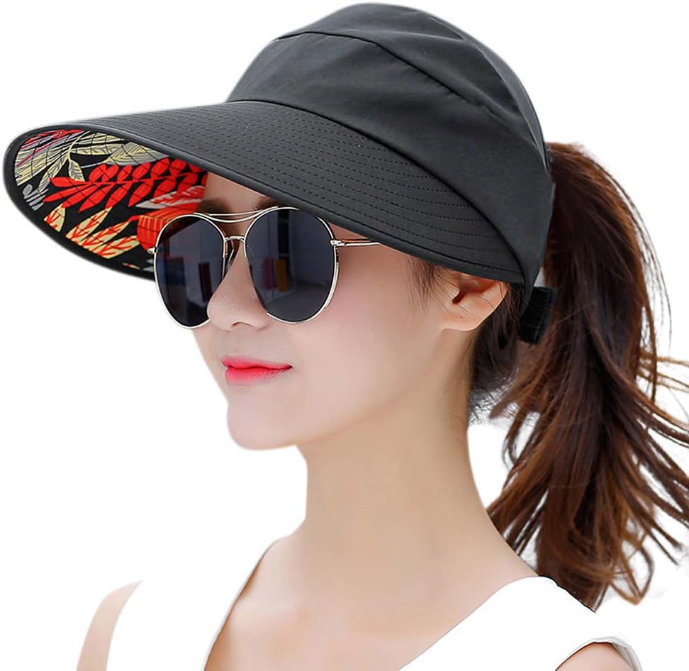 HINDAWI Sun Hat Sun Hats for Women Wide Brim UV Protection Summer Beach Packable Visor Black