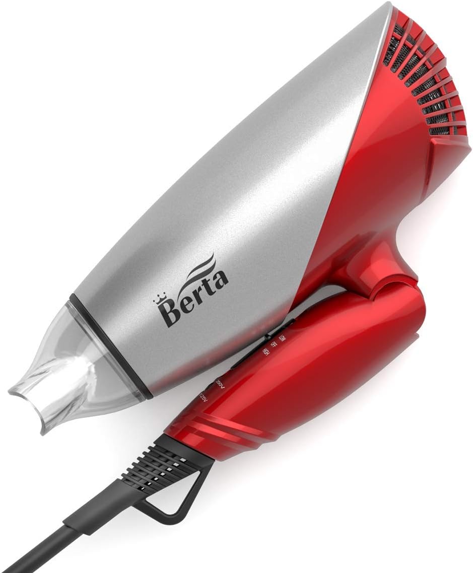 BERTA 1875Watts Folding Handle Hair Dryer Ceramic Negative Ionic Blow Dryer with Nozzle Compact for Children & Traveling