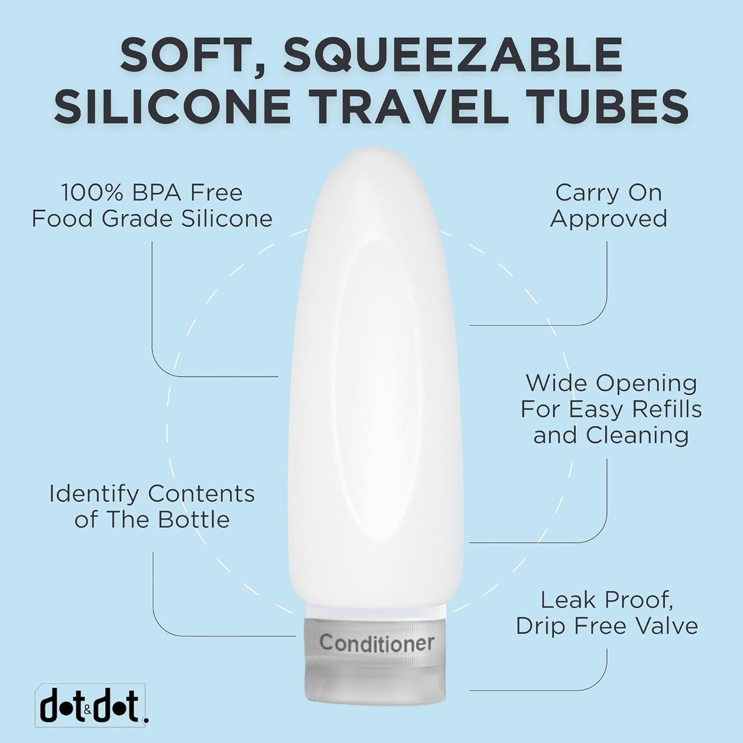 Dot&Dot Leak Proof Travel Bottles - TSA Approved 3oz Silicone Toiletries Travel Shampoo & Conditioner Containers with Labels